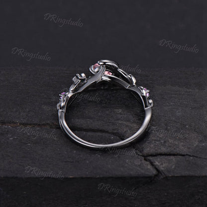 5mm Round Padparadscha Nature Inspired Engagement Ring Black Gold Crescent Moon Wedding Ring Clutser Amethyst Promise Ring Proposal Gift