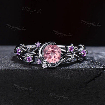 5mm Round Padparadscha Nature Inspired Engagement Ring Black Gold Crescent Moon Wedding Ring Clutser Amethyst Promise Ring Proposal Gift