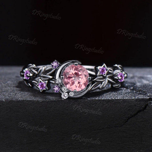 5mm Round Padparadscha Nature Inspired Engagement Ring Black Gold Crescent Moon Wedding Ring Clutser Amethyst Promise Ring Proposal Gift