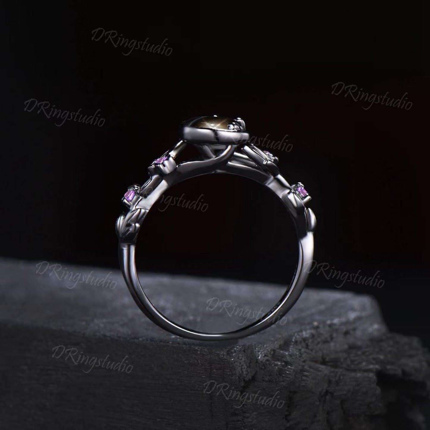 Moon Inspired Black Star Sapphire Wedding Ring 5mm Round Natural Black Lindy Star Engagement Ring Unique Black Gold Twig Vine Bridal Ring