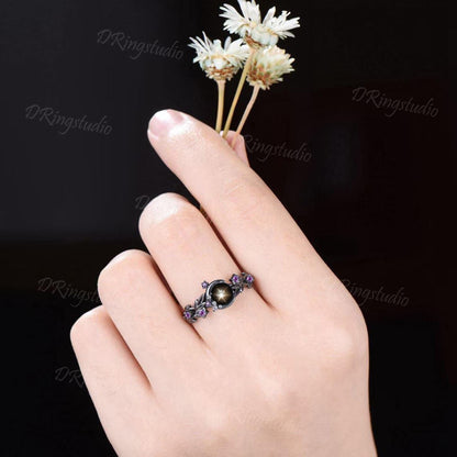 Moon Inspired Black Star Sapphire Wedding Ring 5mm Round Natural Black Lindy Star Engagement Ring Unique Black Gold Twig Vine Bridal Ring