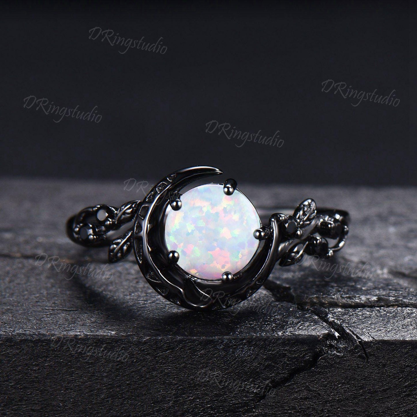 1ct Round Cut White Opal Crescent Moon Engagement Ring Black Gold Branch Leaf Alexandrite October Birthstone Opal Bridal Set Proposal Gift