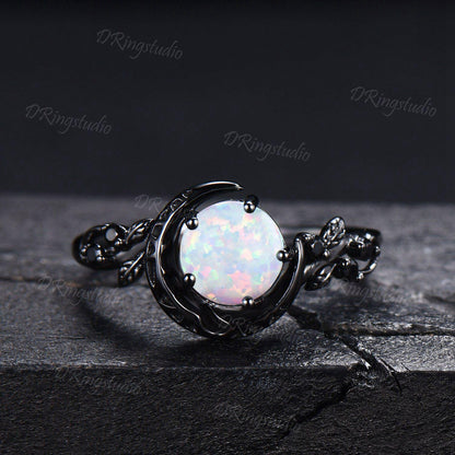1ct Round Cut White Opal Crescent Moon Engagement Ring Black Gold Branch Leaf Alexandrite October Birthstone Opal Bridal Set Proposal Gift