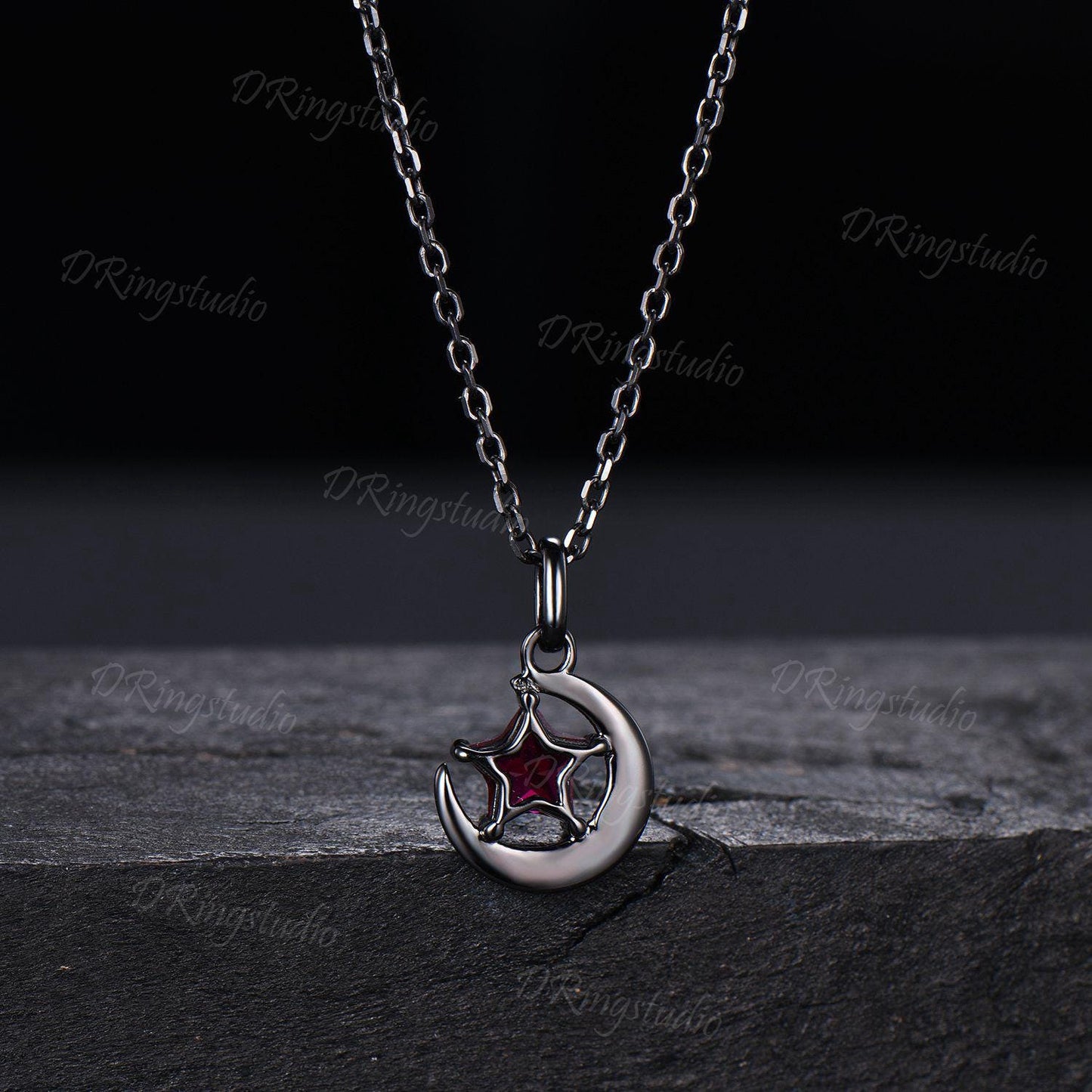 Unique Star Cut Ruby Pendant Necklace Black Gold Celestial Moon Star Necklace July Birthstone Pendant Witchy Pendant Nebula Jewelry Gift