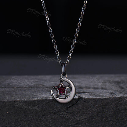 Unique Star Cut Ruby Pendant Necklace Black Gold Celestial Moon Star Necklace July Birthstone Pendant Witchy Pendant Nebula Jewelry Gift