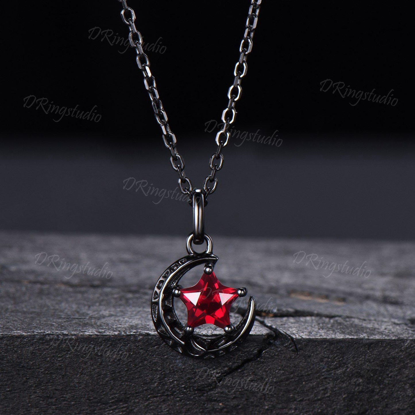 Unique Star Cut Ruby Pendant Necklace Black Gold Celestial Moon Star Necklace July Birthstone Pendant Witchy Pendant Nebula Jewelry Gift