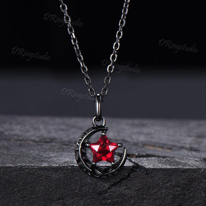 Unique Star Cut Ruby Pendant Necklace Black Gold Celestial Moon Star Necklace July Birthstone Pendant Witchy Pendant Nebula Jewelry Gift