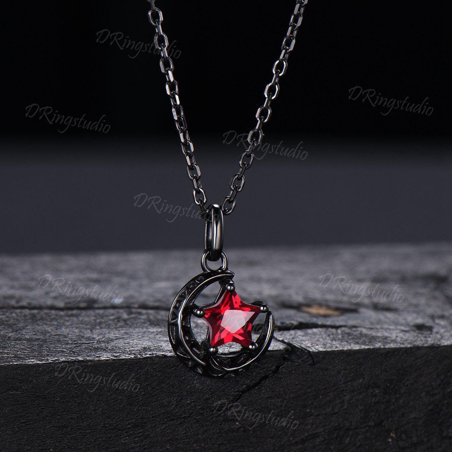 Unique Star Cut Ruby Pendant Necklace Black Gold Celestial Moon Star Necklace July Birthstone Pendant Witchy Pendant Nebula Jewelry Gift