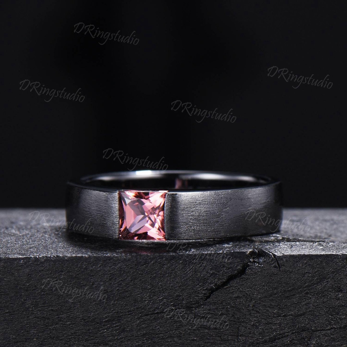 5mm Princess Cut Natural Pink Tourmaline Mens Wedding Band Black Gold Matte Finish Mens Ring October Birthstone Solitaire Band Proposal Gift