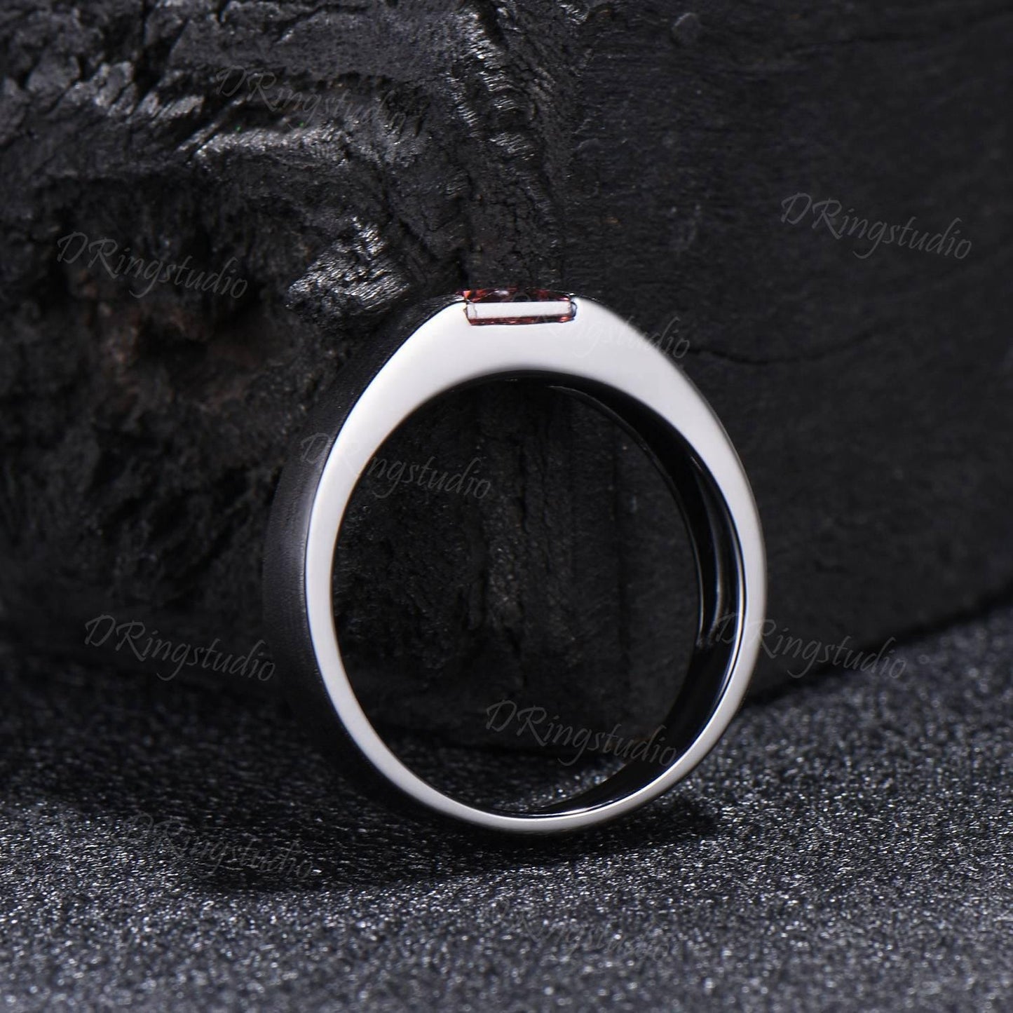 5mm Princess Cut Natural Pink Tourmaline Mens Wedding Band Black Gold Matte Finish Mens Ring October Birthstone Solitaire Band Proposal Gift