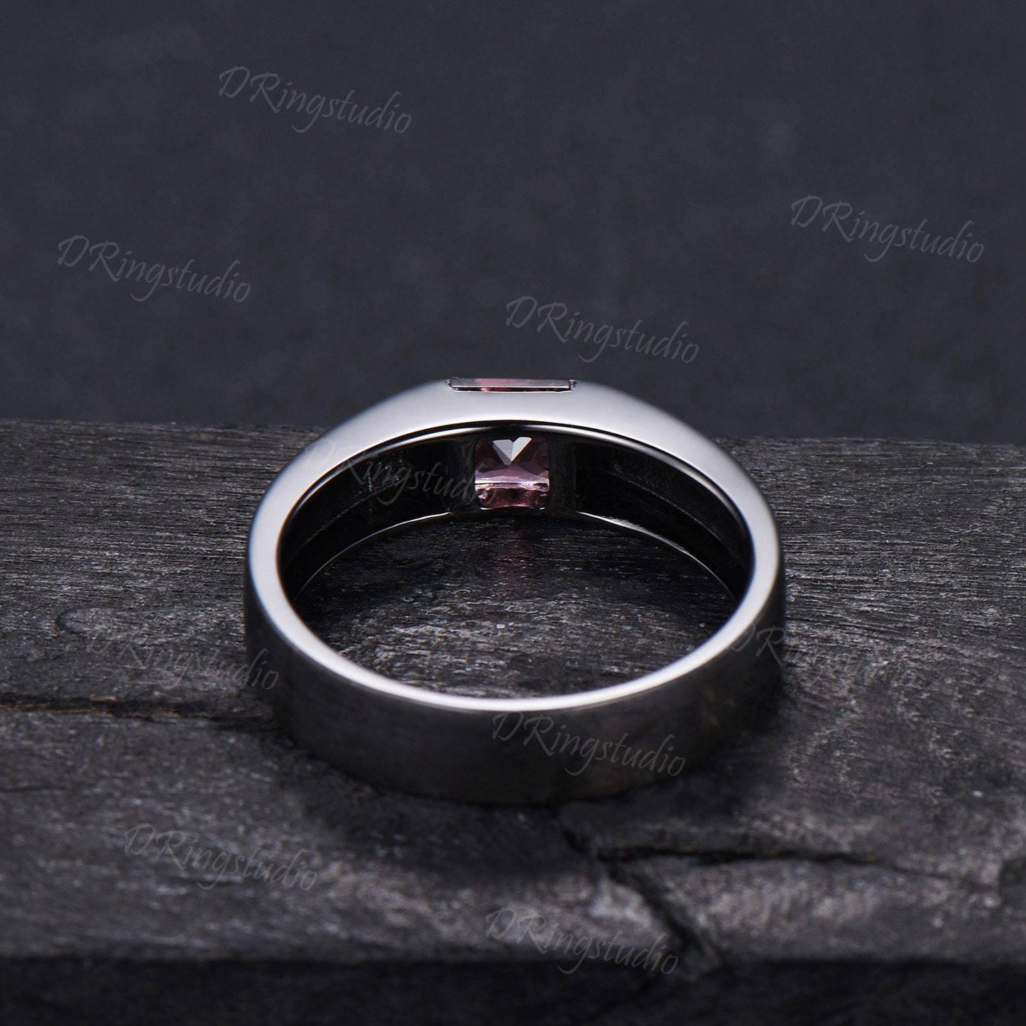 5mm Princess Cut Natural Pink Tourmaline Mens Wedding Band Black Gold Matte Finish Mens Ring October Birthstone Solitaire Band Proposal Gift