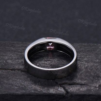 5mm Princess Cut Natural Pink Tourmaline Mens Wedding Band Black Gold Matte Finish Mens Ring October Birthstone Solitaire Band Proposal Gift