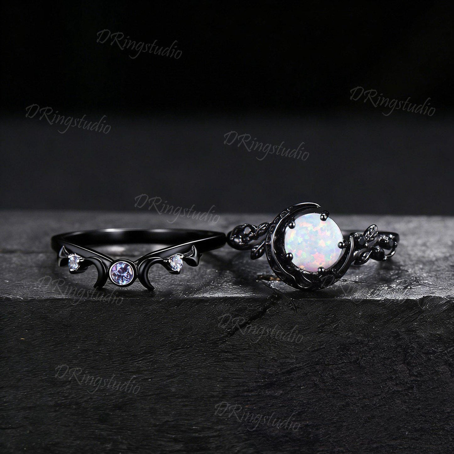 1ct Round Cut White Opal Crescent Moon Engagement Ring Black Gold Branch Leaf Alexandrite October Birthstone Opal Bridal Set Proposal Gift