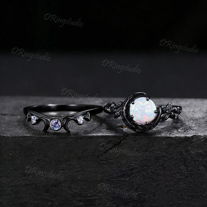 1ct Round Cut White Opal Crescent Moon Engagement Ring Black Gold Branch Leaf Alexandrite October Birthstone Opal Bridal Set Proposal Gift
