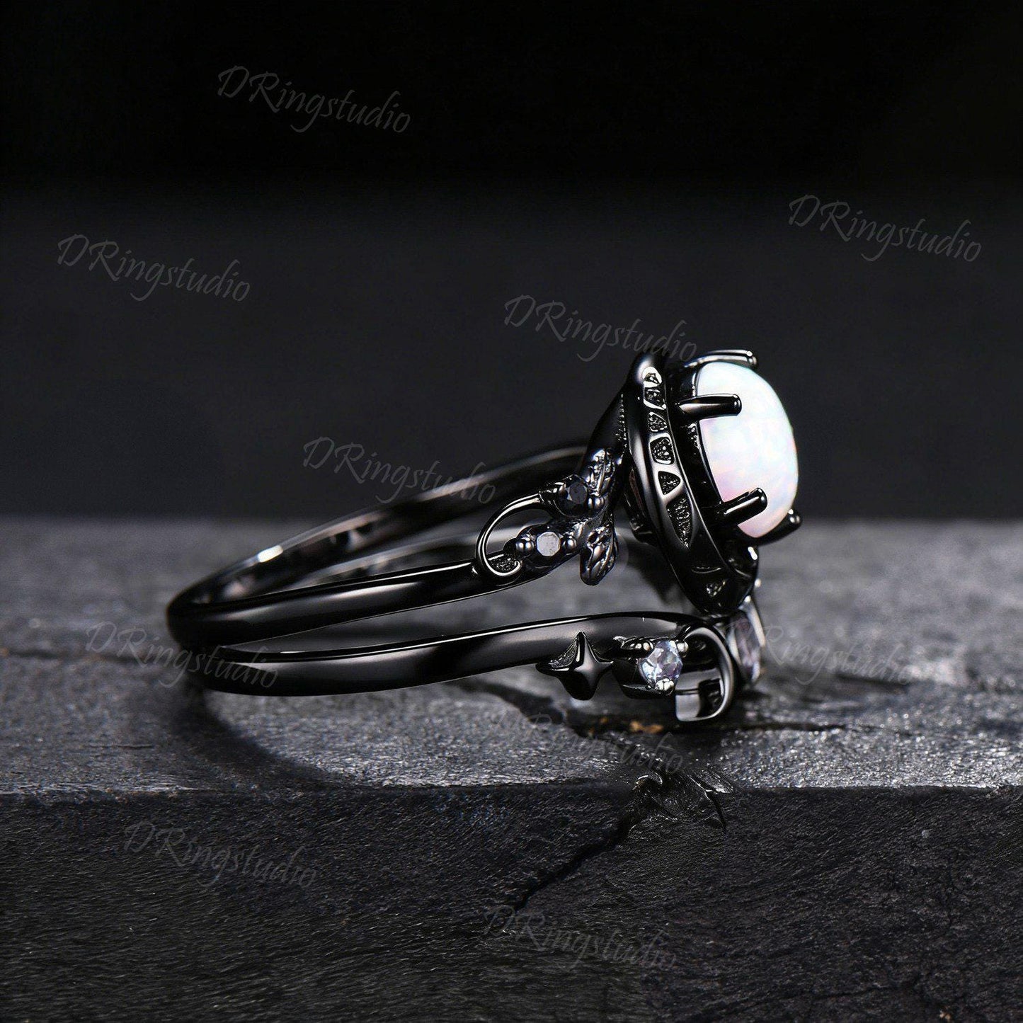 1ct Round Cut White Opal Crescent Moon Engagement Ring Black Gold Branch Leaf Alexandrite October Birthstone Opal Bridal Set Proposal Gift