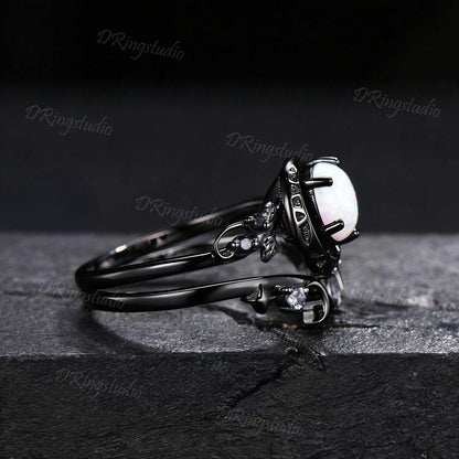 1ct Round Cut White Opal Crescent Moon Engagement Ring Black Gold Branch Leaf Alexandrite October Birthstone Opal Bridal Set Proposal Gift