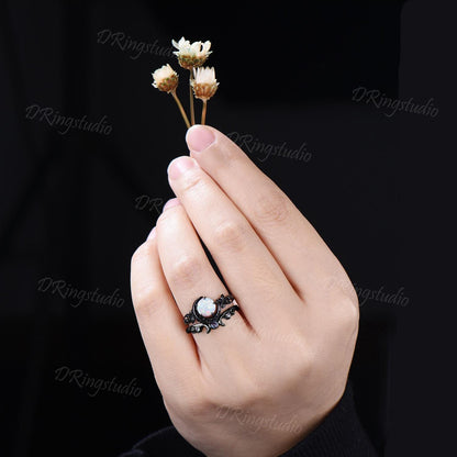 1ct Round Cut White Opal Crescent Moon Engagement Ring Black Gold Branch Leaf Alexandrite October Birthstone Opal Bridal Set Proposal Gift
