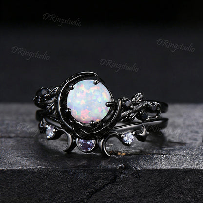 1ct Round Cut White Opal Crescent Moon Engagement Ring Black Gold Branch Leaf Alexandrite October Birthstone Opal Bridal Set Proposal Gift