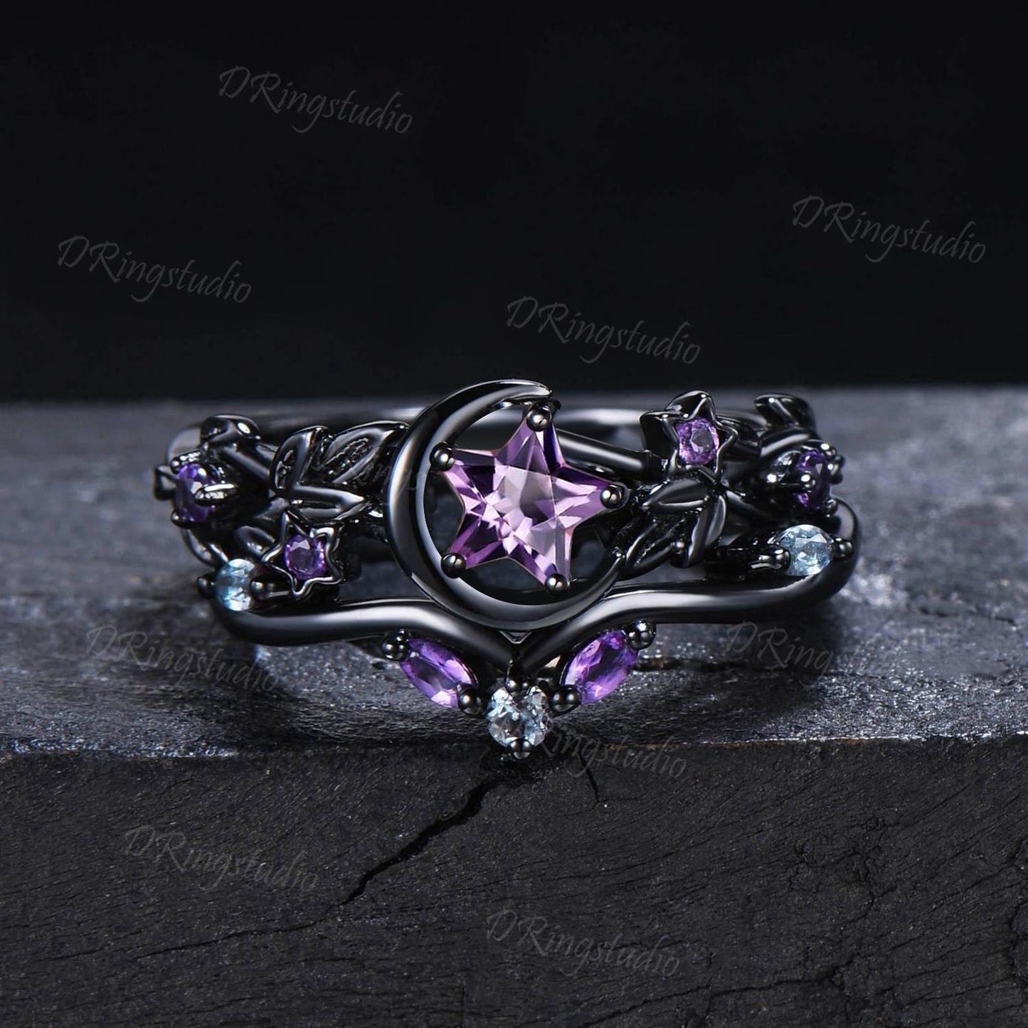 Star Cut Natural Amethyst Engagement Ring Set Crescent Moon Leaf Vine Wedding Ring Black Gold Purple Gemstone Bridal Set Anniversary Gift