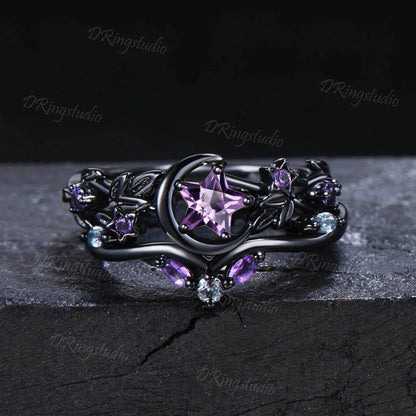 Star Cut Natural Amethyst Engagement Ring Set Crescent Moon Leaf Vine Wedding Ring Black Gold Purple Gemstone Bridal Set Anniversary Gift
