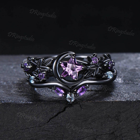 Star Cut Natural Amethyst Engagement Ring Set Crescent Moon Leaf Vine Wedding Ring Black Gold Purple Gemstone Bridal Set Anniversary Gift