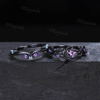 Star Cut Natural Amethyst Engagement Ring Set Crescent Moon Leaf Vine Wedding Ring Black Gold Purple Gemstone Bridal Set Anniversary Gift