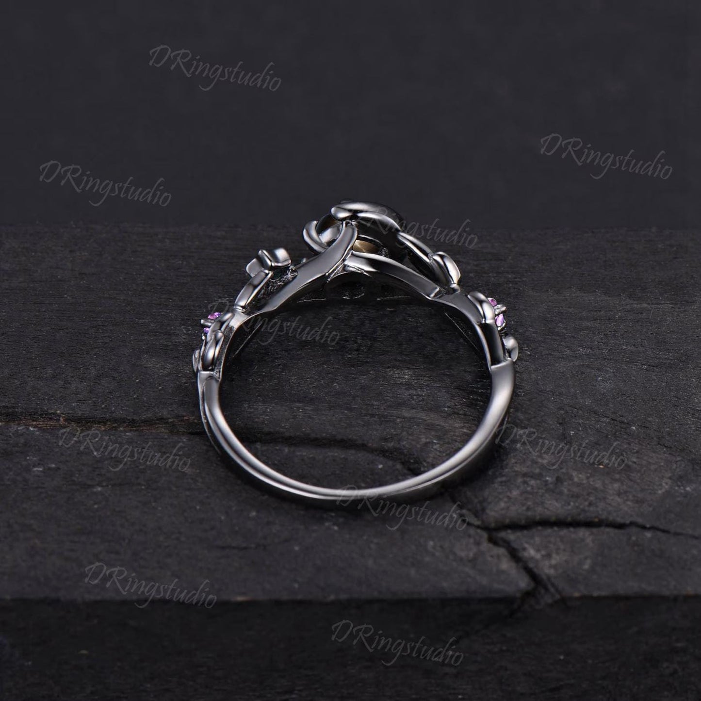 Moon Inspired Black Star Sapphire Wedding Ring 5mm Round Natural Black Lindy Star Engagement Ring Unique Black Gold Twig Vine Bridal Ring