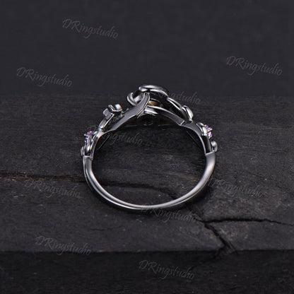 Moon Inspired Black Star Sapphire Wedding Ring 5mm Round Natural Black Lindy Star Engagement Ring Unique Black Gold Twig Vine Bridal Ring