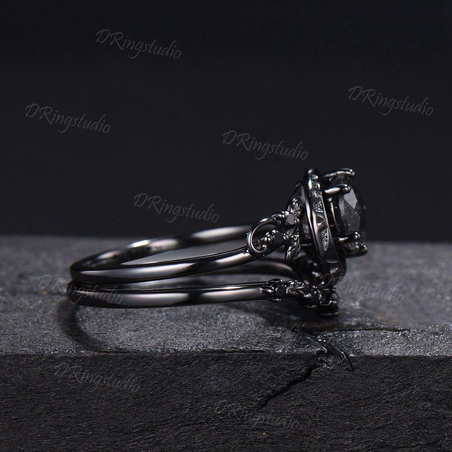 Natural Round Black Rutilated Quartz Crescent Moon Engagement Ring Twig Leaf Black Gold Bridal Set Black Spinel Wedding Ring Proposal Gift
