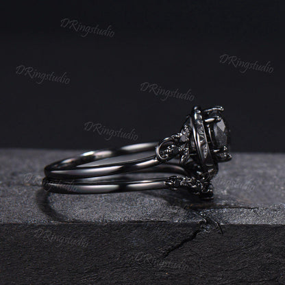 Natural Round Black Rutilated Quartz Crescent Moon Engagement Ring Twig Leaf Black Gold Bridal Set Black Spinel Wedding Ring Proposal Gift