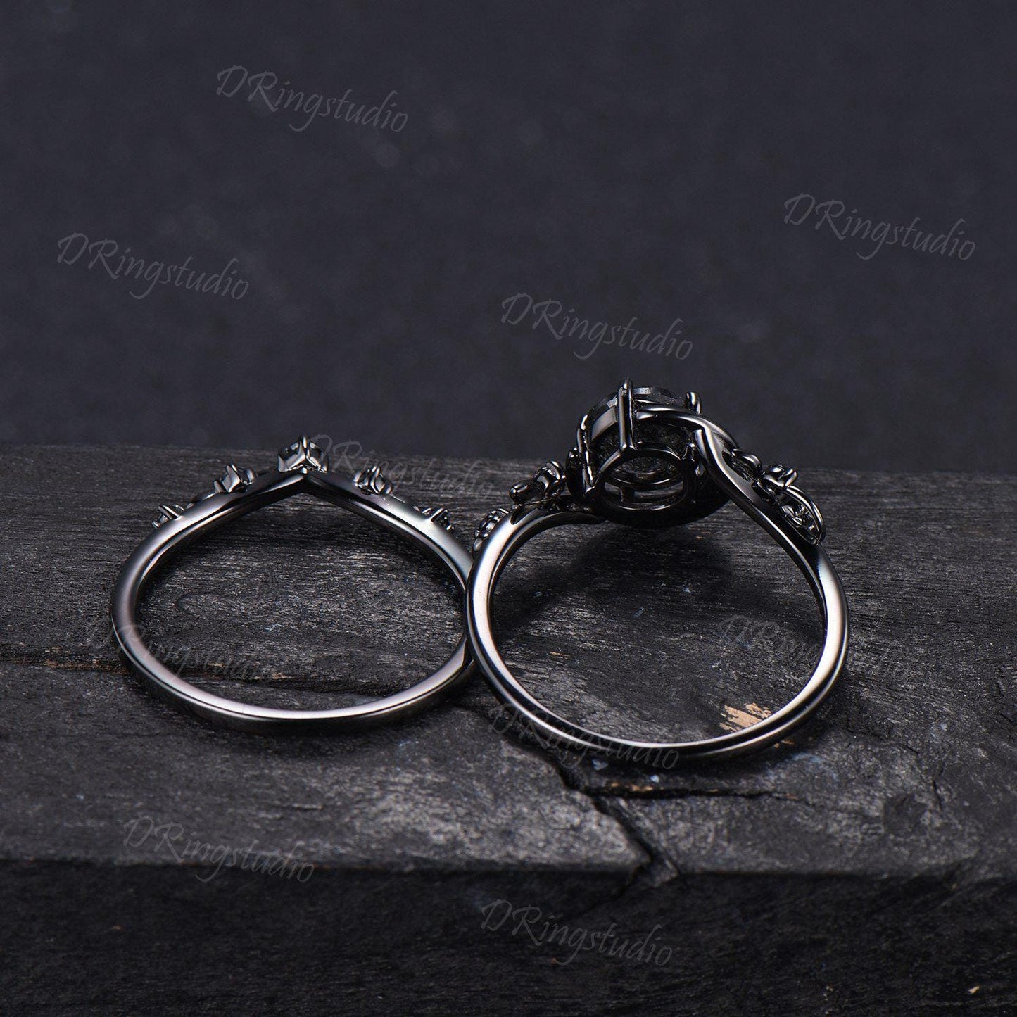 Natural Round Black Rutilated Quartz Crescent Moon Engagement Ring Twig Leaf Black Gold Bridal Set Black Spinel Wedding Ring Proposal Gift