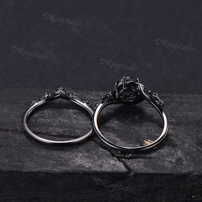 Natural Round Black Rutilated Quartz Crescent Moon Engagement Ring Twig Leaf Black Gold Bridal Set Black Spinel Wedding Ring Proposal Gift