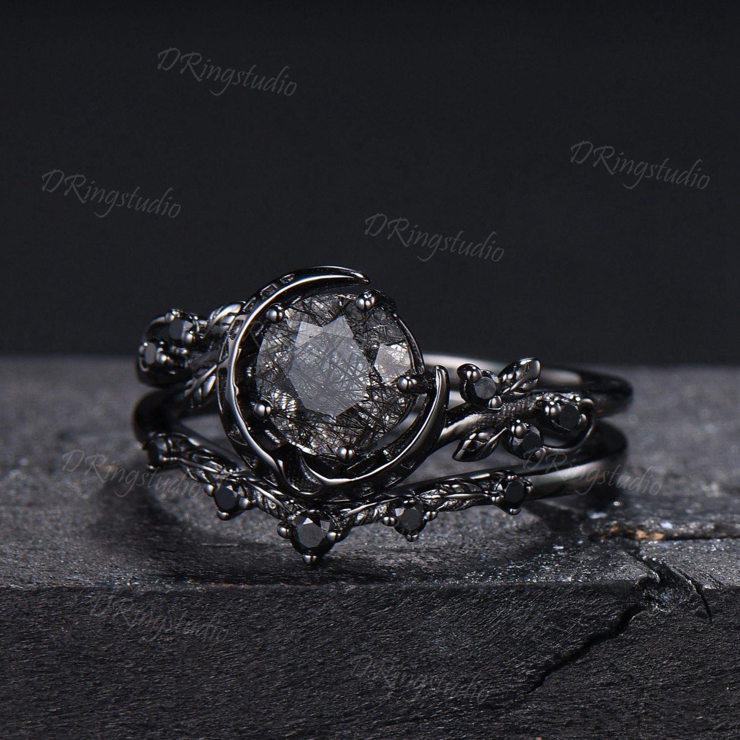 Natural Round Black Rutilated Quartz Crescent Moon Engagement Ring Twig Leaf Black Gold Bridal Set Black Spinel Wedding Ring Proposal Gift