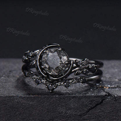 Natural Round Black Rutilated Quartz Crescent Moon Engagement Ring Twig Leaf Black Gold Bridal Set Black Spinel Wedding Ring Proposal Gift