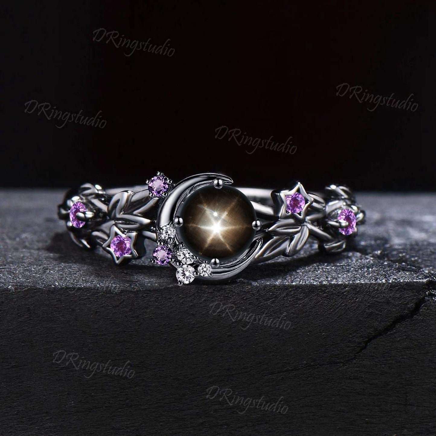Moon Inspired Black Star Sapphire Wedding Ring 5mm Round Natural Black Lindy Star Engagement Ring Unique Black Gold Twig Vine Bridal Ring