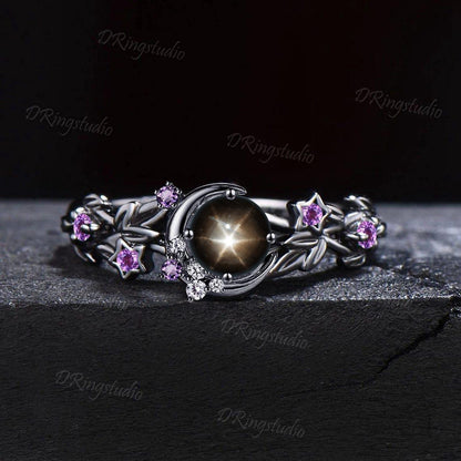 Moon Inspired Black Star Sapphire Wedding Ring 5mm Round Natural Black Lindy Star Engagement Ring Unique Black Gold Twig Vine Bridal Ring