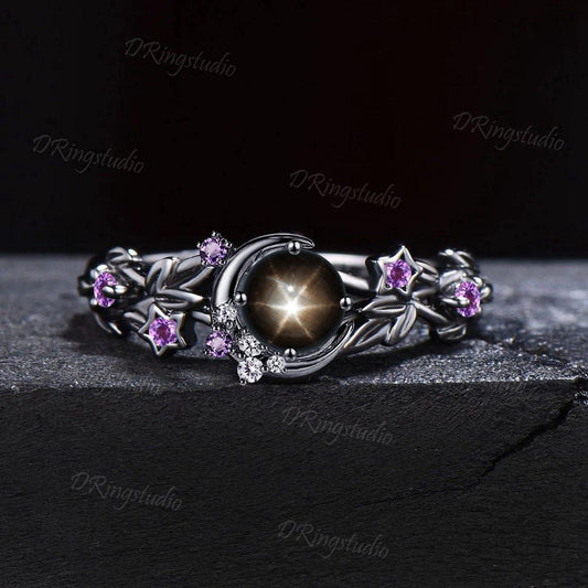 Moon Inspired Black Star Sapphire Wedding Ring 5mm Round Natural Black Lindy Star Engagement Ring Unique Black Gold Twig Vine Bridal Ring