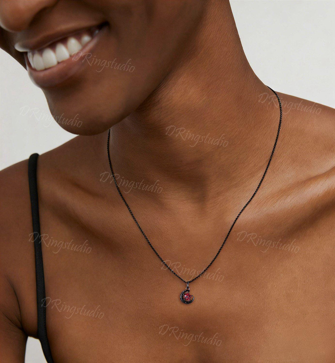 Unique Star Cut Ruby Pendant Necklace Black Gold Celestial Moon Star Necklace July Birthstone Pendant Witchy Pendant Nebula Jewelry Gift