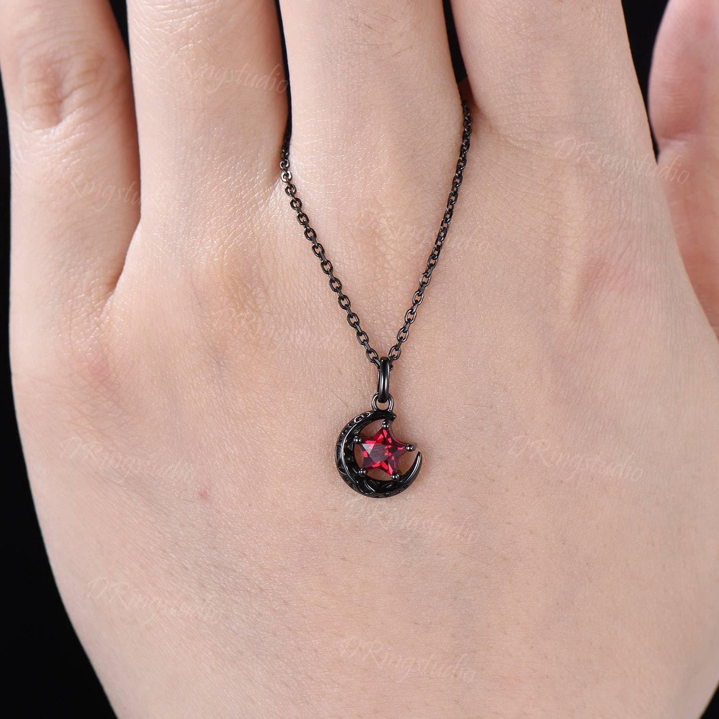 Unique Star Cut Ruby Pendant Necklace Black Gold Celestial Moon Star Necklace July Birthstone Pendant Witchy Pendant Nebula Jewelry Gift