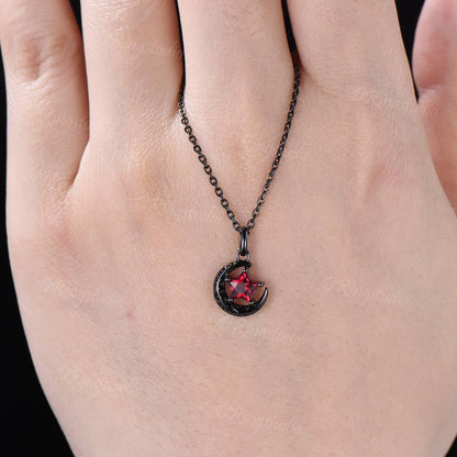 Unique Star Cut Ruby Pendant Necklace Black Gold Celestial Moon Star Necklace July Birthstone Pendant Witchy Pendant Nebula Jewelry Gift
