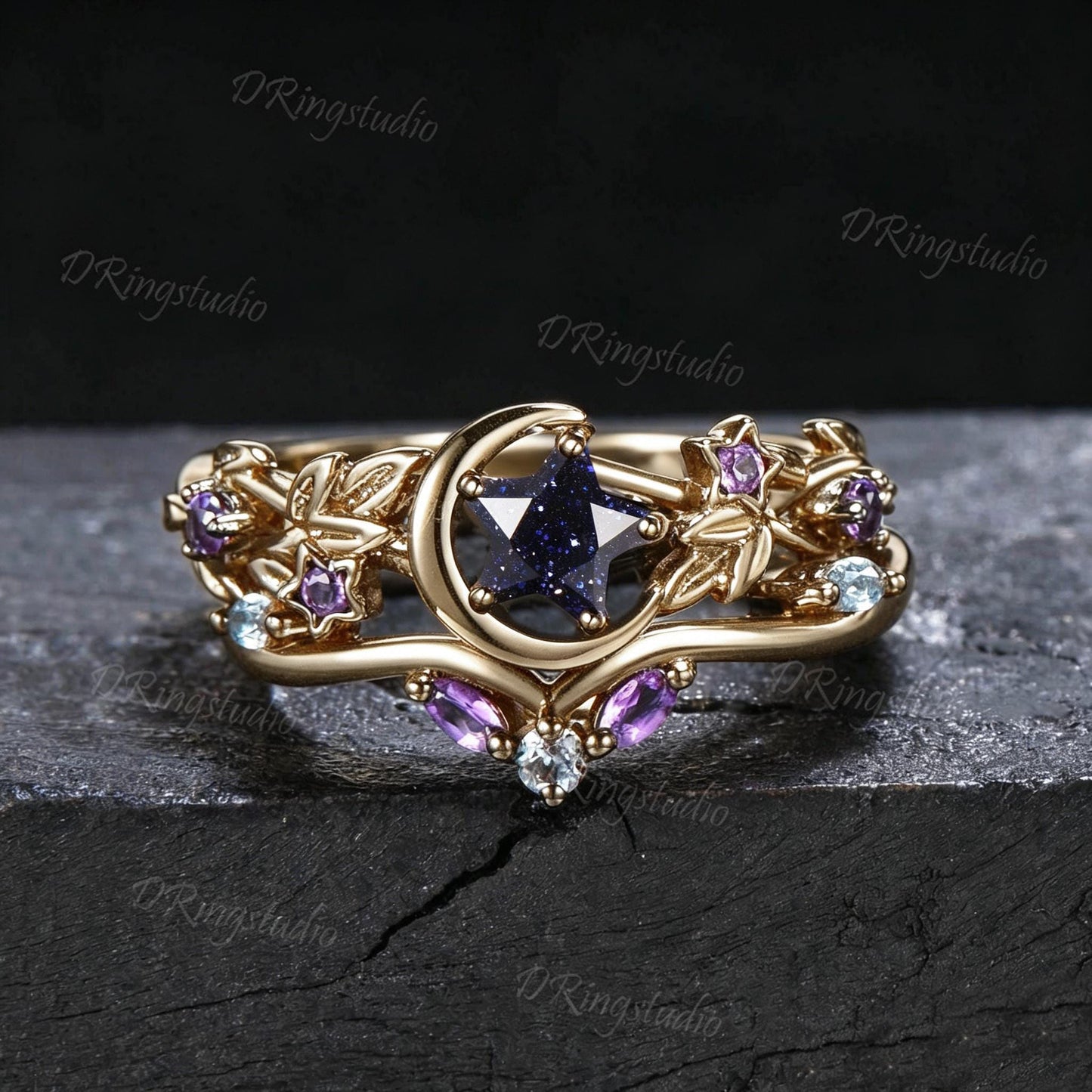 Black Moon Star Cut Blue Sandstone Engagement Ring Gothic Black Gold Galaxy Nebula Ring Nature Inspired Star Blue Goldstone Bridal Ring Set