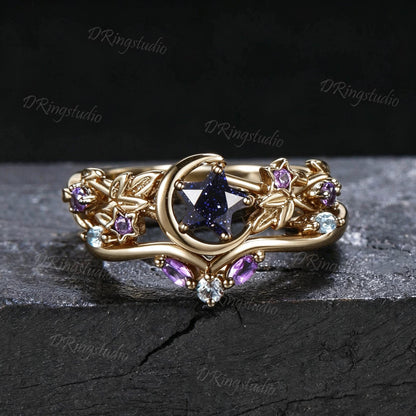 Black Moon Star Cut Blue Sandstone Engagement Ring Gothic Black Gold Galaxy Nebula Ring Nature Inspired Star Blue Goldstone Bridal Ring Set