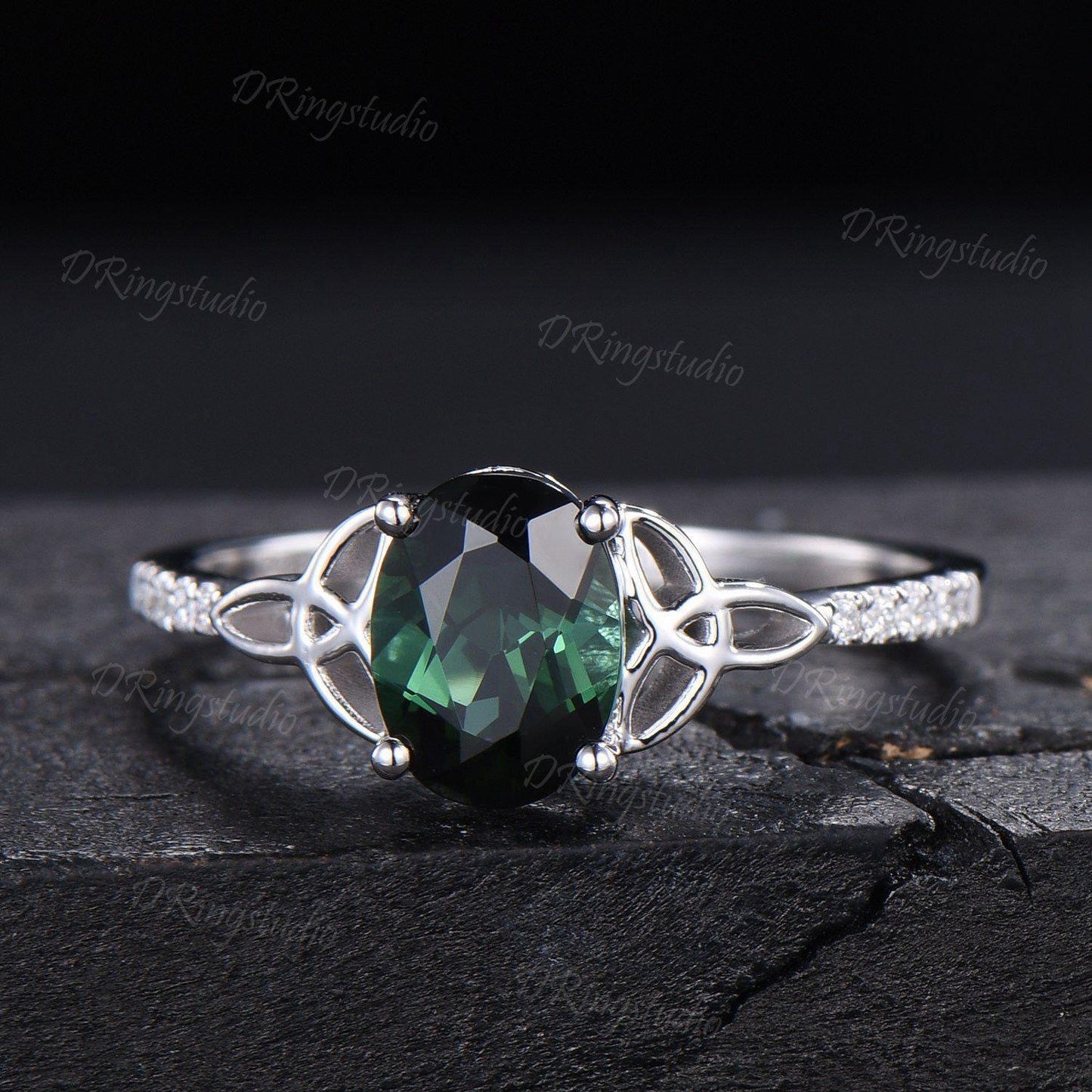 1.5ct Oval Cut Natural Green Tourmaline Engagement Ring Celtic Trinity Knot White Gold Wedding Ring Half Eternity Tourmaline Ring For Women