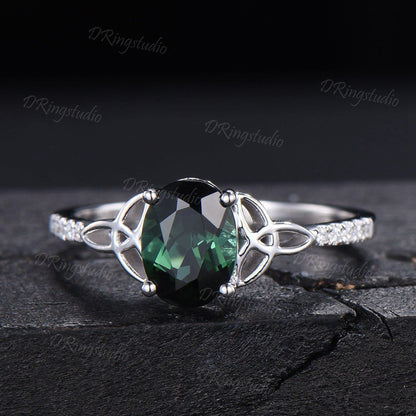 1.5ct Oval Cut Natural Green Tourmaline Engagement Ring Celtic Trinity Knot White Gold Wedding Ring Half Eternity Tourmaline Ring For Women