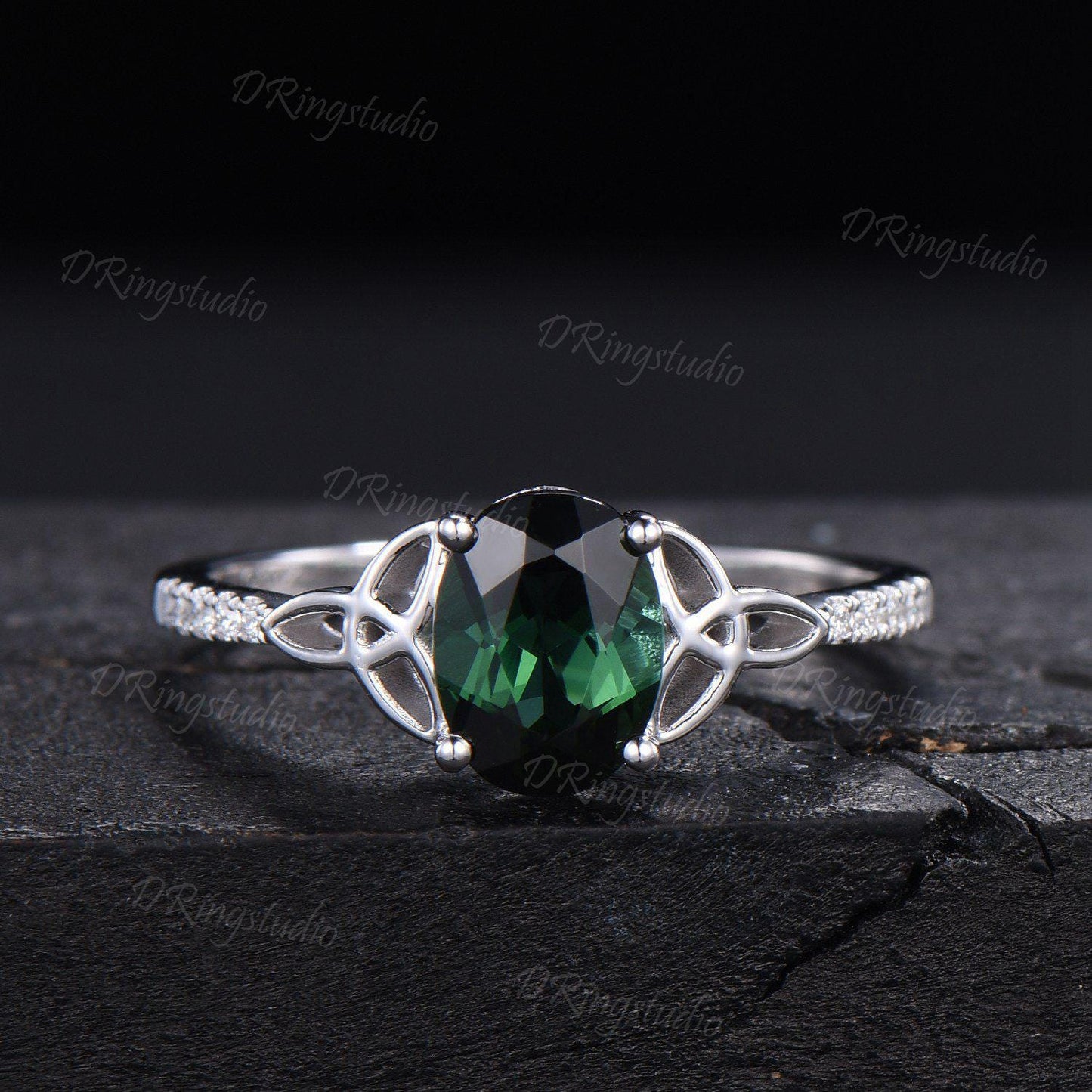 1.5ct Oval Cut Natural Green Tourmaline Engagement Ring Celtic Trinity Knot White Gold Wedding Ring Half Eternity Tourmaline Ring For Women