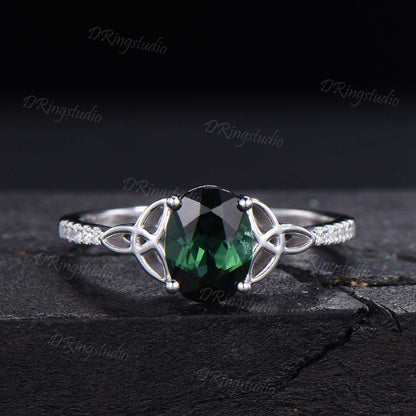 1.5ct Oval Cut Natural Green Tourmaline Engagement Ring Celtic Trinity Knot White Gold Wedding Ring Half Eternity Tourmaline Ring For Women