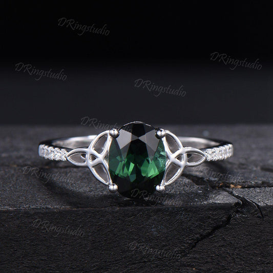 1.5ct Oval Cut Natural Green Tourmaline Engagement Ring Celtic Trinity Knot White Gold Wedding Ring Half Eternity Tourmaline Ring For Women