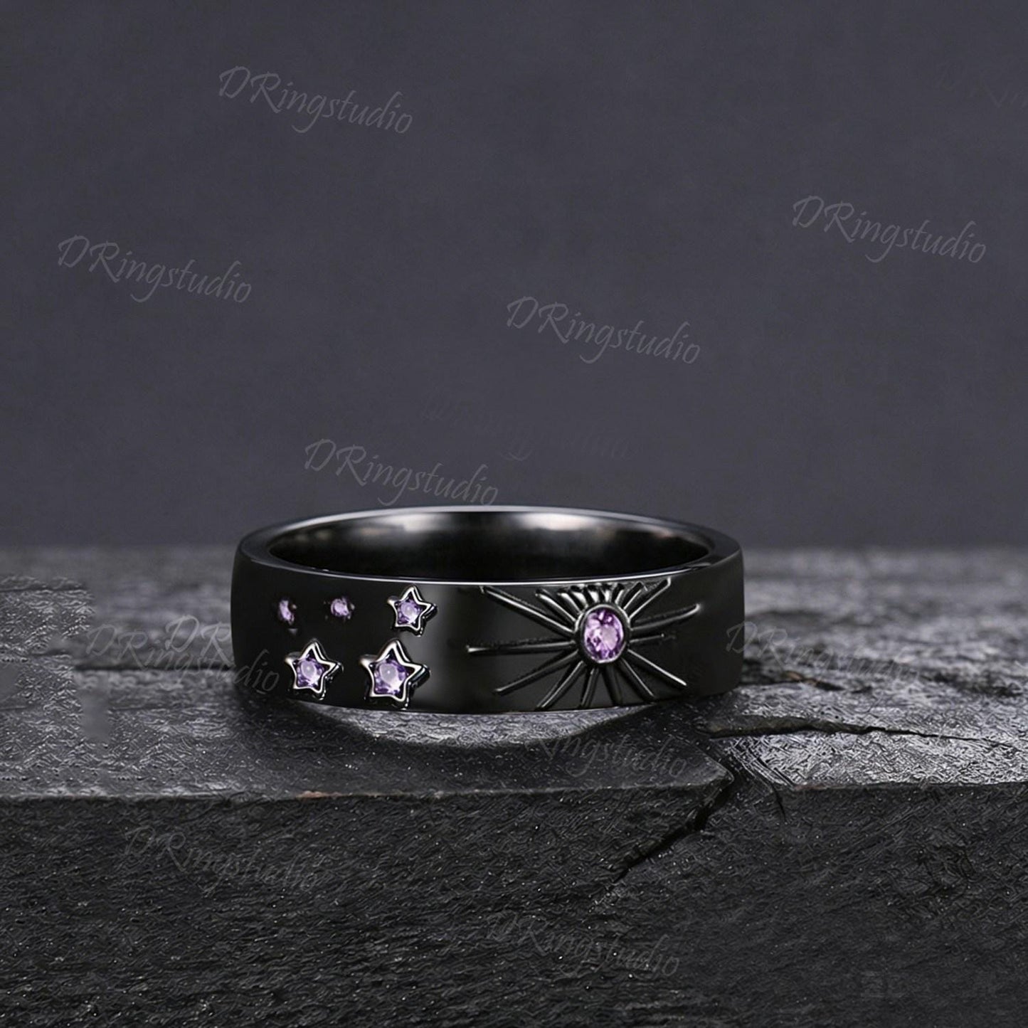 Natural Amethyst Sun Inspired Wedding Band Black Gold Sun & Star Comfort Fit Men's Ring Polished Men's Engagement Ring Anniversary Gift