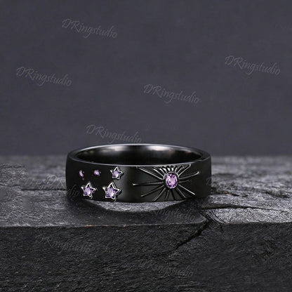 Natural Amethyst Sun Inspired Wedding Band Black Gold Sun & Star Comfort Fit Men's Ring Polished Men's Engagement Ring Anniversary Gift