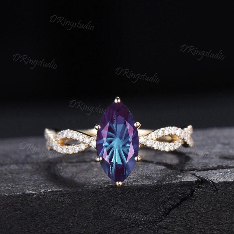 2ct Fireworks Cut Marquise Alexandrite Half Eternity Engagement Ring Twist Infinity Moissanite Yellow Gold Wedding Ring Sets Proposal Gift